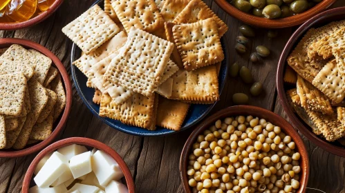 Wooden Table Snacks: Crackers, Olives, Chickpeas, Cheese Cubes