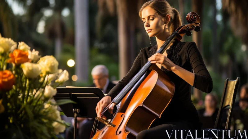 Young Woman Playing Cello in Tropical Setting AI Image