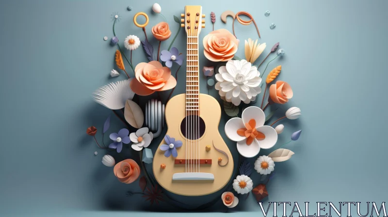 3D Guitar and Flowers Illustration AI Image
