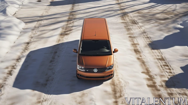 Brown Volkswagen Van on Snowy Road AI Image