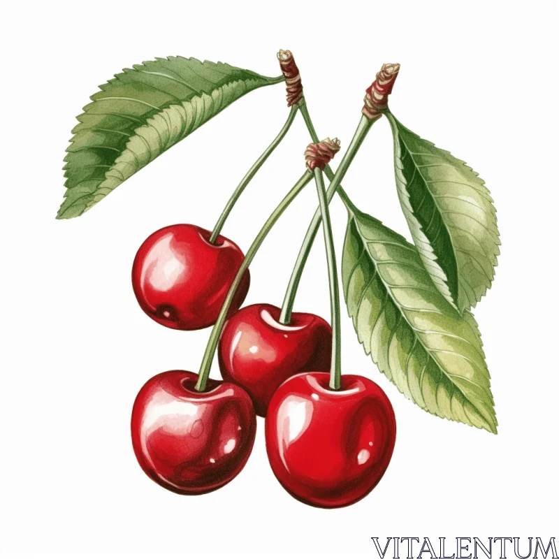 Captivating Illustration of a Red Cherry with Leaves AI Image