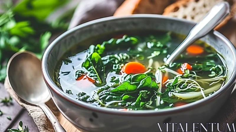 Delicious Green Vegetable Soup in Wooden Bowl AI Image