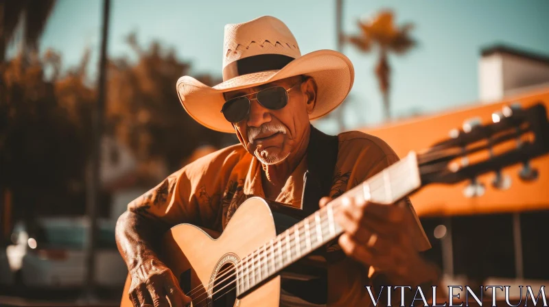 Elderly Mexican Man Playing Guitar Outdoors AI Image