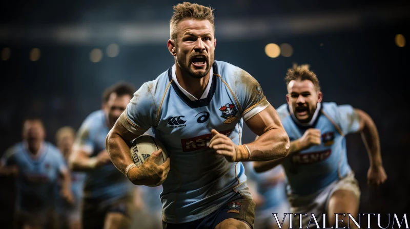 Intense Rugby Action: Male Player Running with Ball AI Image