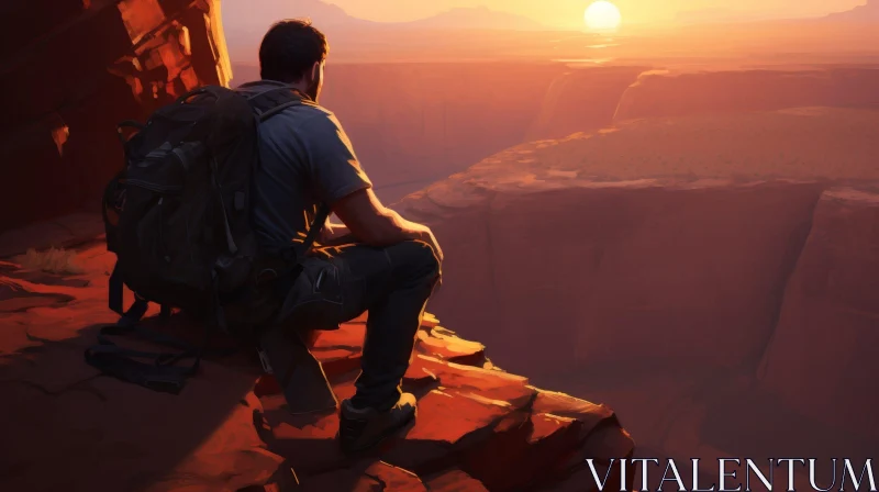Man Sitting on Cliff at Sunset - Serene Nature Scene AI Image