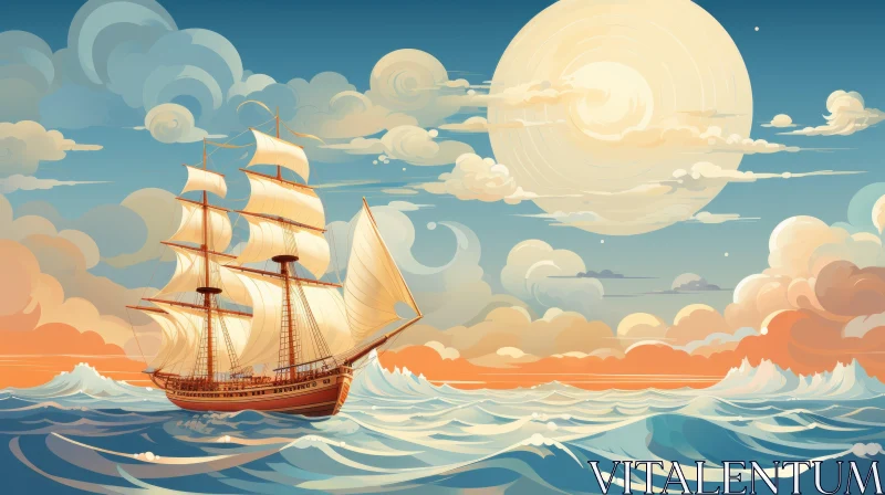 Moonlit Seascape with Sailing Ship AI Image