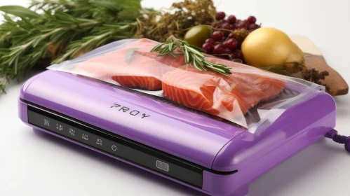 Purple Vacuum Sealer with Cutting Board and Fresh Ingredients