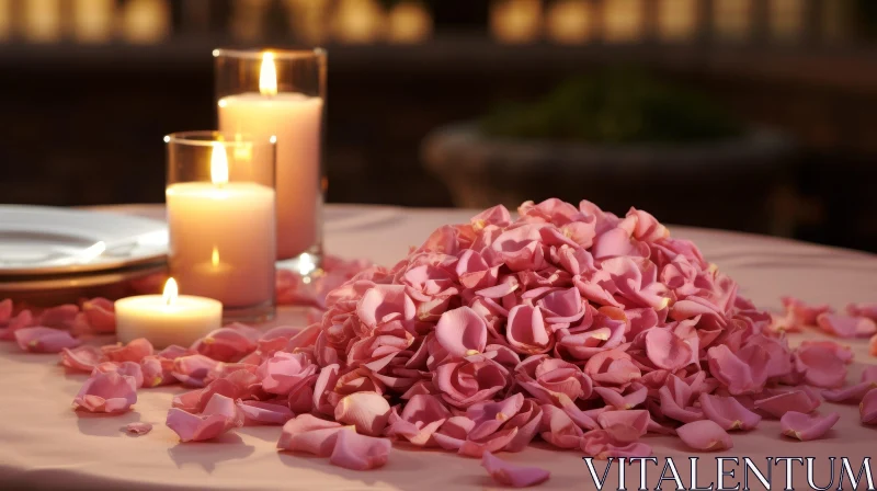 Romantic Table Setting with Pink Rose Petals and Lit Candles AI Image