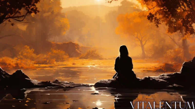 Tranquil Sunset Landscape with Woman by the Lake AI Image
