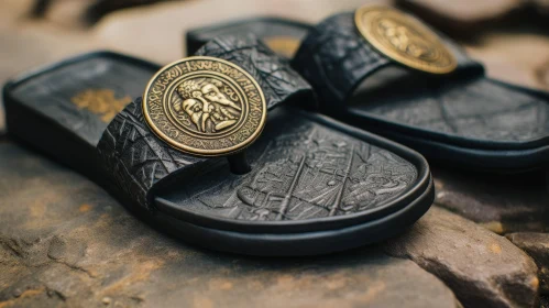 Unique Black Leather Sandals with Gold Medallion