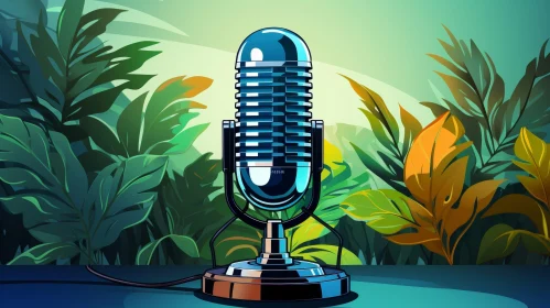 Vintage Microphone on Green Jungle Background