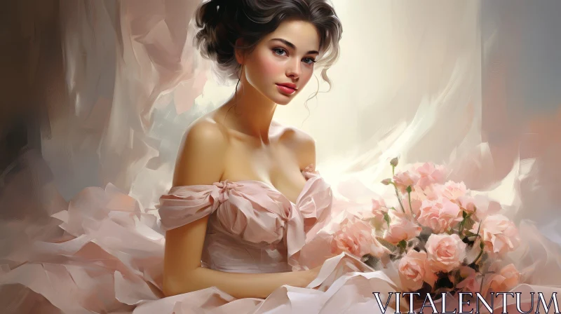 AI ART Beautiful Young Woman Portrait with Pink Roses