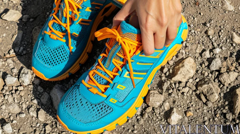 AI ART Blue and Orange Trail Running Shoe Tying Image