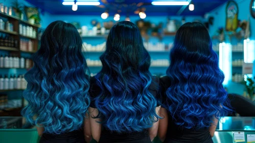 Blue-Haired Women in Hair Salon Waiting for Turn