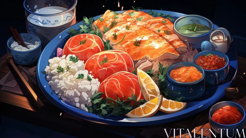 Delicious Food Still Life on Blue Plate AI Image