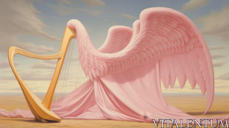 Enchanting Harp with Angel Wings on Beach AI Image