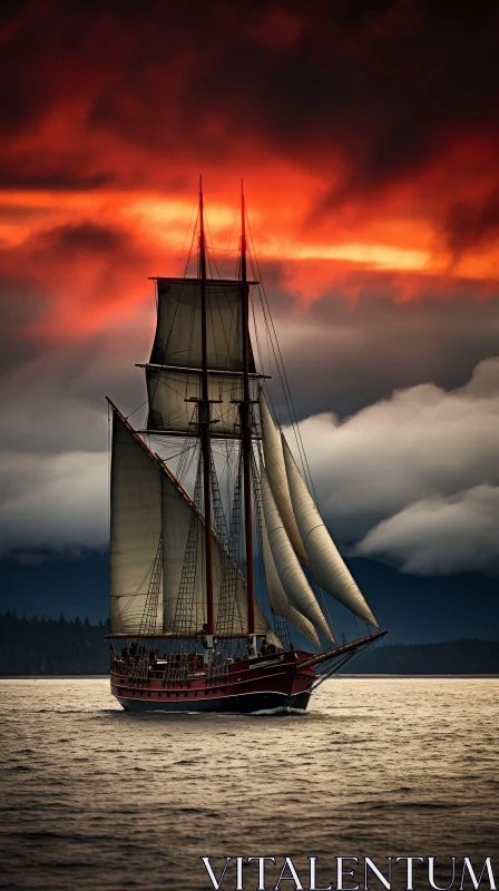 Golden Glow: Stunning Sailing Ship in Stormy Sunset AI Image