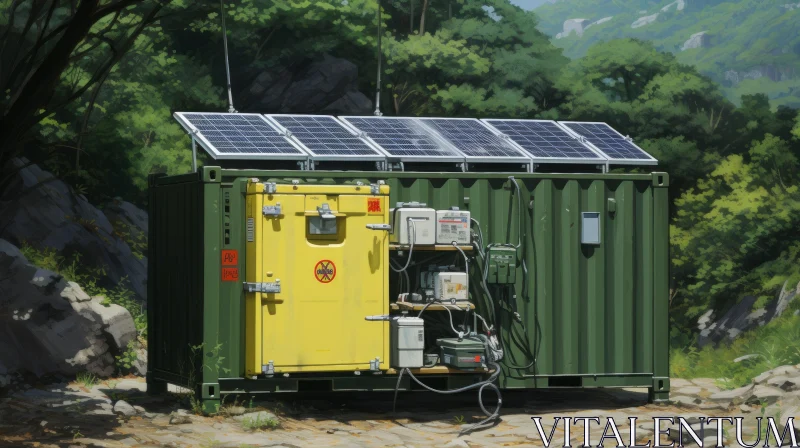 AI ART Green Metal Container with Solar Panels Surrounded by Nature