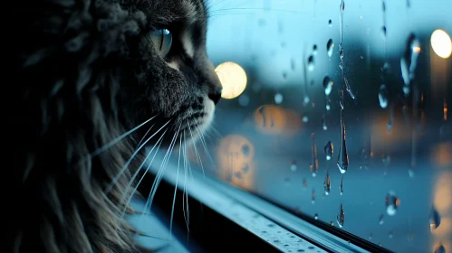 Intense Cat Observation by Raindrop-Covered Window