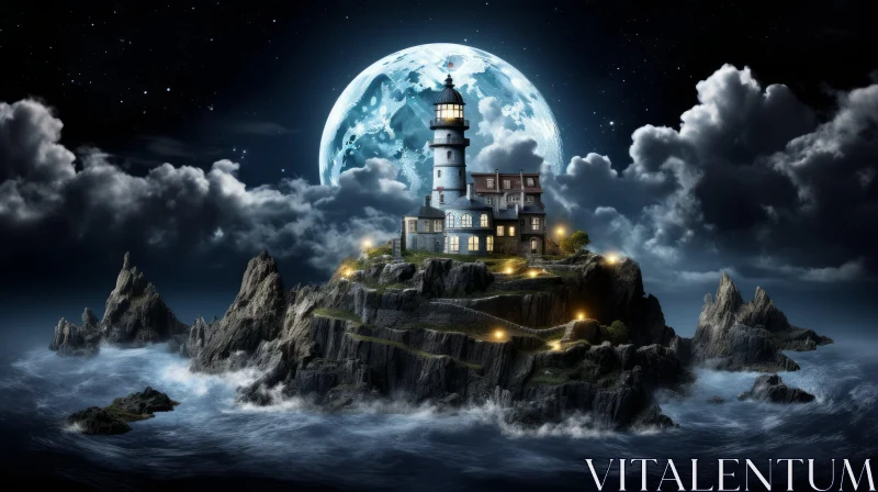 Moonlit Lighthouse Night Scene on Rocky Cliff AI Image