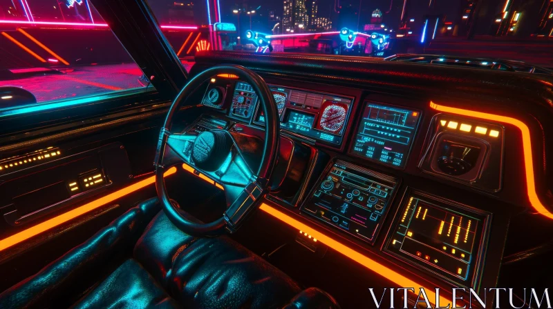 Retro Futuristic Car Interior with Neon Lights AI Image