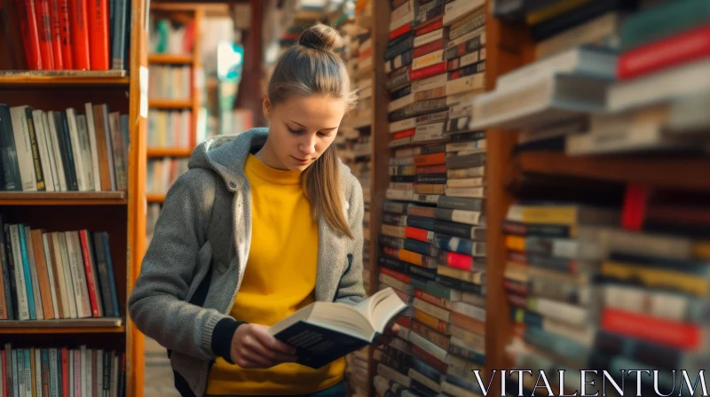 AI ART Young Woman Reading Book in Warmly Lit Library
