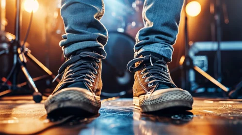 Close-up Person's Feet Worn Sneakers Stage