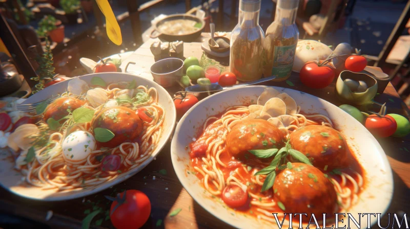 AI ART Delicious Spaghetti and Meatballs Dish on Wooden Table