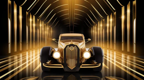 Golden Vintage Car in Glowing Tunnel