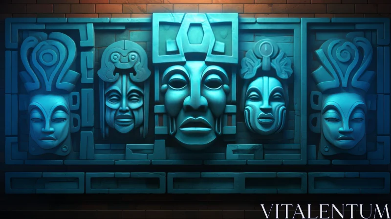 AI ART Mayan Masks Bas-Relief Digital Painting