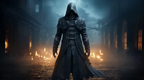 Mysterious Man in Black Cloak Standing in Dark Alley AI Image