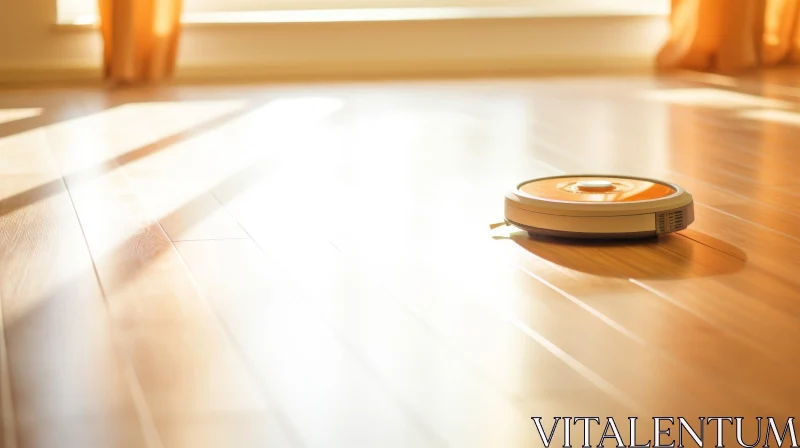 AI ART Robot Vacuum Cleaner on Wooden Floor