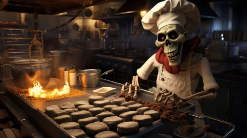 Sinister Skeleton Chef Cooking in Dark Kitchen