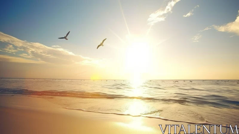 Tranquil Beach Scene with Calm Sea and Majestic Seagulls AI Image