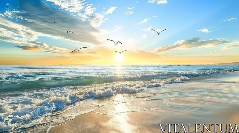 AI ART Tranquil Beach Sunset Scene with Seagulls