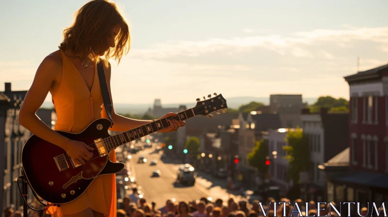 Young Woman Playing Guitar at Sunset on Rooftop AI Image