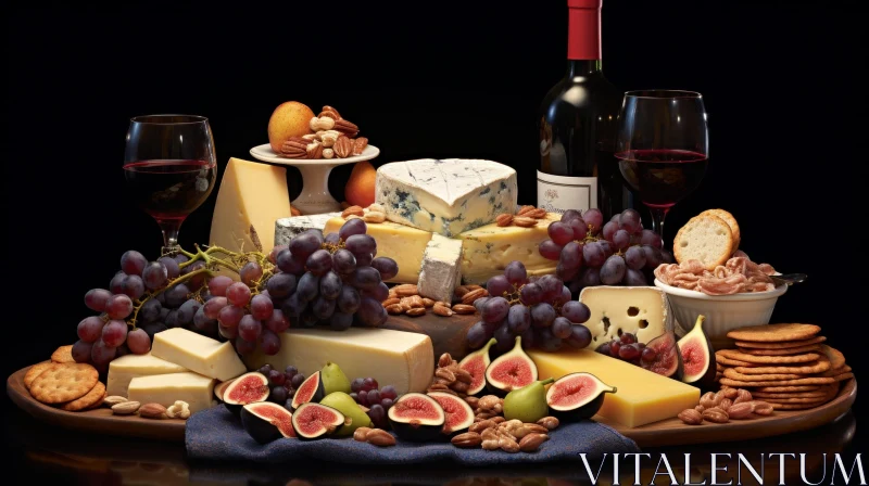 Artistic Still Life Composition of Cheeses, Fruits, Nuts, and Wine AI Image