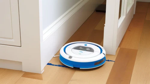 Blue and White Robot Vacuum Cleaner on Wooden Floor