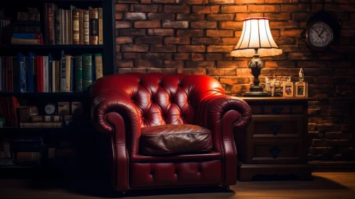 Dark Moody Library Interior with Armchair and Bookshelf