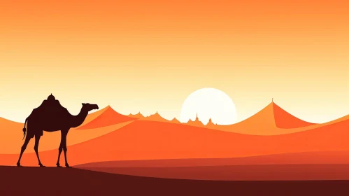 Desert Landscape Vector Illustration with Camel and Sunset