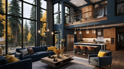 Luxurious Modern Living Room with Open Kitchen and Upstairs Bedroom