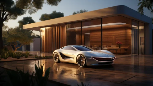 Luxury House with Electric Car at Sunset