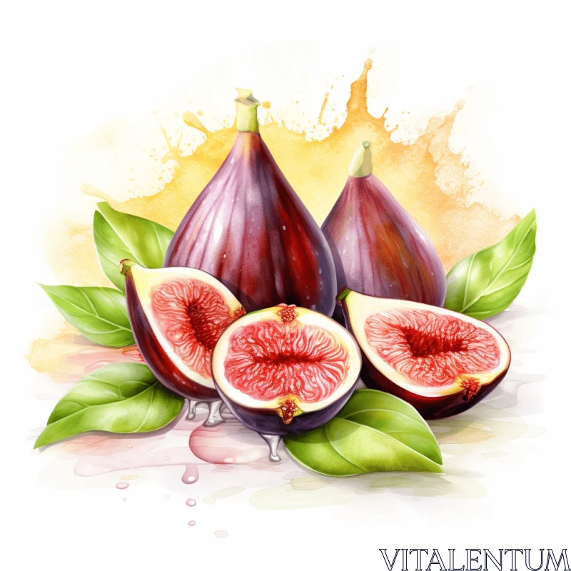 Meticulously Detailed Watercolor Illustration of Sliced Figs and Leaves AI Image