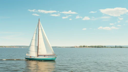 Sailboat on Blue Lake with White Sails and Castle View
