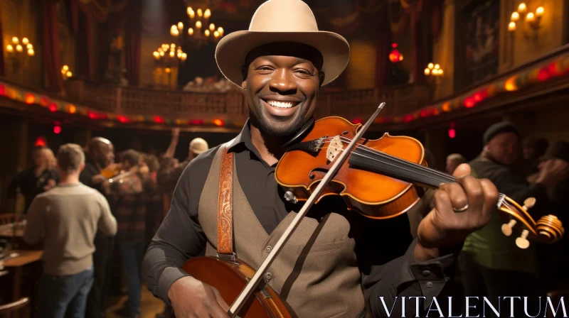 Smiling African-American Violinist in Joyful Crowd AI Image