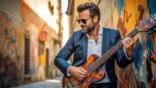 Street Musician Playing Guitar in Colorful Urban Setting