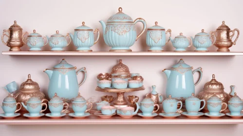Unique Teapots and Cups Collection Displayed on Shelves