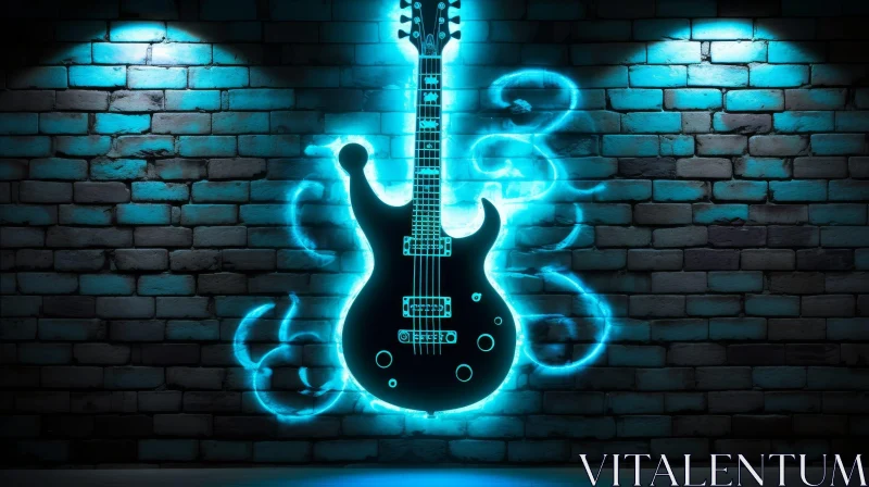 AI ART Blue Neon Guitar on Brick Wall - Abstract Art