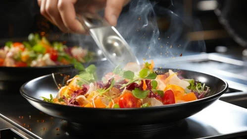 Chef Finishing Colorful Vegetable Dish