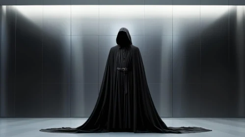 Enigmatic Dark Figure in Black Cloak with Hood AI Image